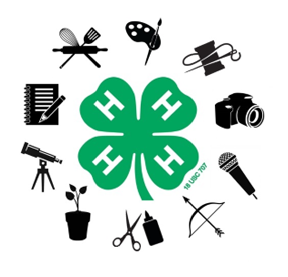 4-H Clover with symbols for art, archery, photography, science, cooking, and sewing