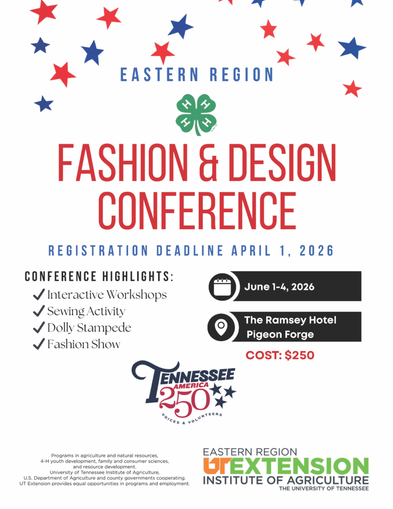 Fashion and Design Conference

June 1-4

Register to the 4-H Office by March 25th