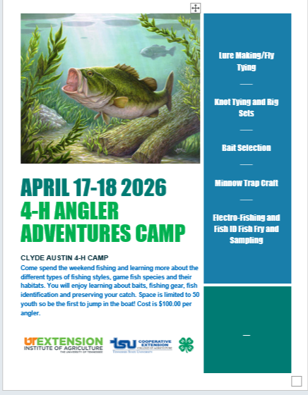 4-H Angler Adventure Weekend Camp

April 17-18 

Registration Deadline -  March 10th

Call 423- 272-7241 for Registration and Questions
Brochure : https://drive.google.com/file/d/1hYA7lBVABMjbcii26s4QbGPAQ3H0n6g7/view?usp=sharing