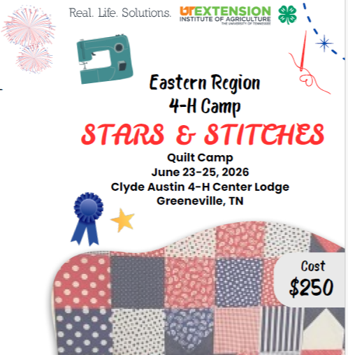Quilt Camp

June 23-25

Registration Details

All applications need to be postmarked by mail to Lendsey Russell at  P.O. Box 186 Sneedville, TN 37869 or emailed to Lendsey Russell at lrusse34@utk.edu by Friday, April 10, 2026

Also - Send, mail, or drop off  a copy to Hawkins County Extension Office

423-272-7241 for details.